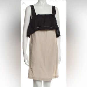 $650 TELA Cima Color Block Linen Shift Dress Black Tan with Pockets Size Small